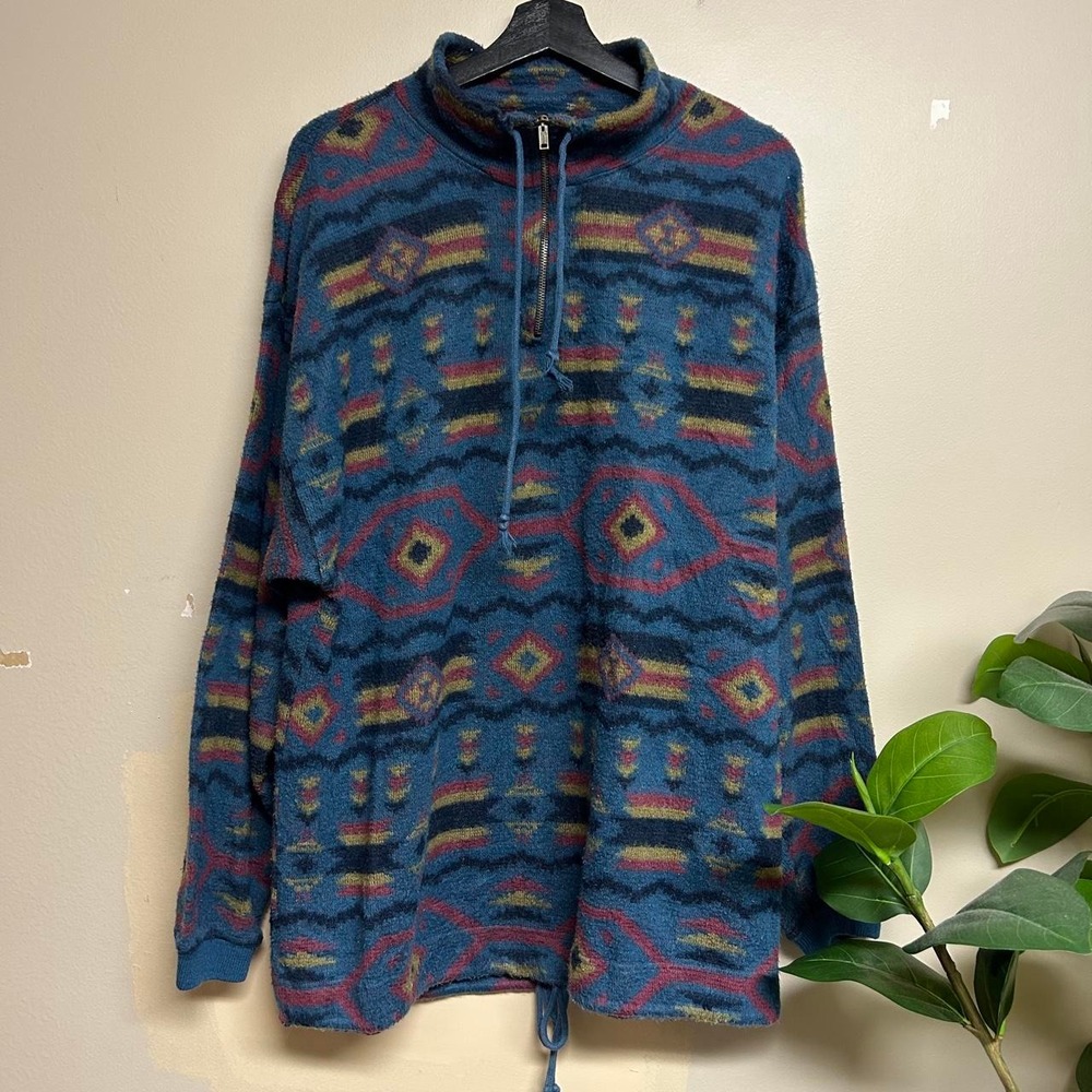 Vintage 90s Impact Aztec All Over Print Quarter Zip Fleece Sweatshirt Mens XL